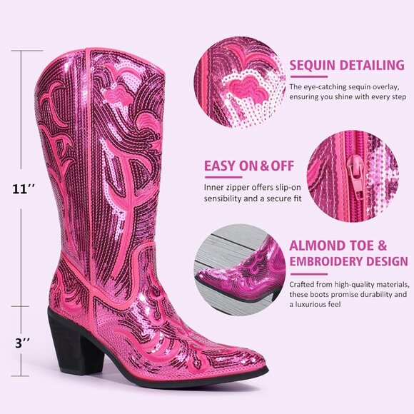 Hawkwell Women Pink Wide Calf Tall Zipper Pointed Toe Embroidered Cowgirl Boots - Picture 5 of 6